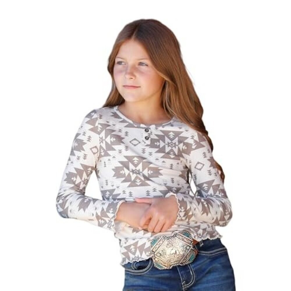 Cruel Girl's Long Sleeve Aztec Print Henley Shirt Cream